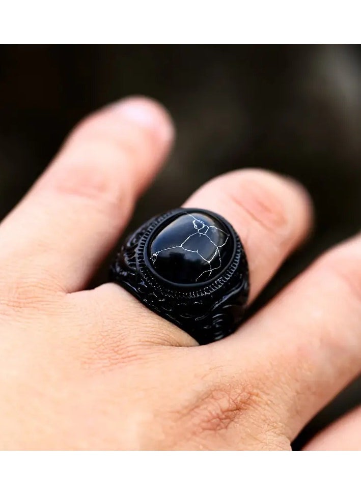 Goolsky 1pc Fashionable Black Carved Pattern Alloy Ring With Tiger Eye Like Synthetic Gems  - Image 1