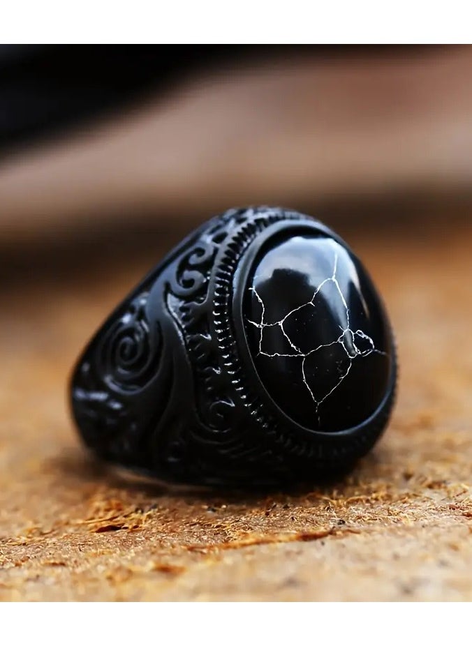 Goolsky 1pc Fashionable Black Carved Pattern Alloy Ring With Tiger Eye Like Synthetic Gems  - Image 2
