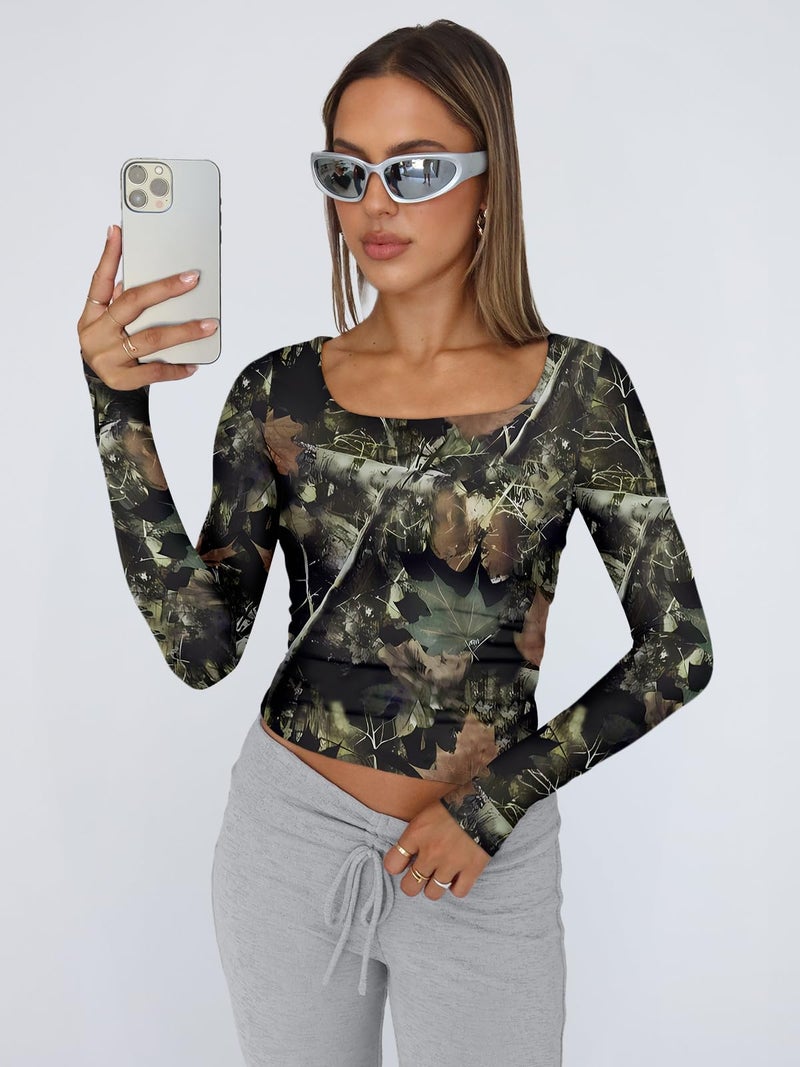 Trendy Queen Womens Long Sleeve Shirts Crop Scoop Neck Tops Fall Fashion Camouflage Print Going Out Basics Tees Y2k Clothes 2026 Camo Black S - Image 2