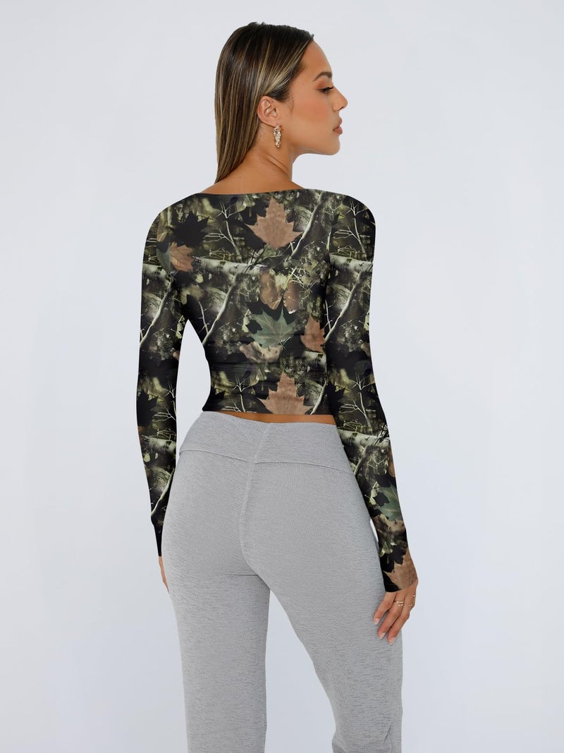 Trendy Queen Womens Long Sleeve Shirts Crop Scoop Neck Tops Fall Fashion Camouflage Print Going Out Basics Tees Y2k Clothes 2026 Camo Black S - Image 3