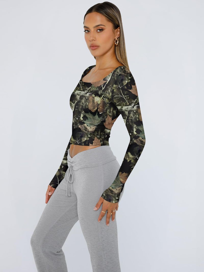 Trendy Queen Womens Long Sleeve Shirts Crop Scoop Neck Tops Fall Fashion Camouflage Print Going Out Basics Tees Y2k Clothes 2026 Camo Black S - Image 4