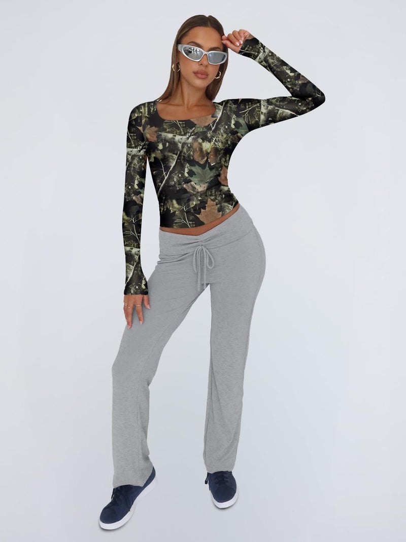 Trendy Queen Womens Long Sleeve Shirts Crop Scoop Neck Tops Fall Fashion Camouflage Print Going Out Basics Tees Y2k Clothes 2026 Camo Black S - Image 5