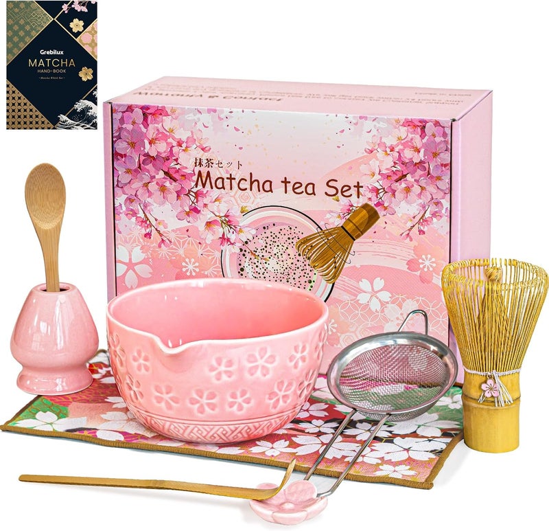Grebilux Matcha Whisk Set, Pink Matcha Kit (9 Pcs) Includes Bowl, Whisk, Holder, Scoop, Sifter, Spoon, Rest, Mat, Book - Exclusive Patented Ceramic Matcha Set for Matcha Lovers - Image 1