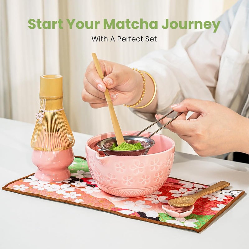 Grebilux Matcha Whisk Set, Pink Matcha Kit (9 Pcs) Includes Bowl, Whisk, Holder, Scoop, Sifter, Spoon, Rest, Mat, Book - Exclusive Patented Ceramic Matcha Set for Matcha Lovers - Image 2