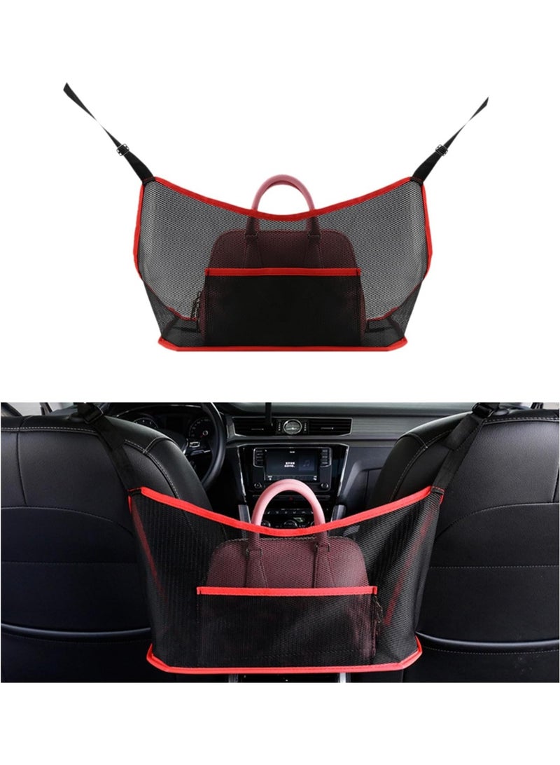 SUNSAR Car Net Pocket Handbag Holder, Organizer Mesh Bag Between Two Seat, Driver Storage Netting Pouch for Handbag Purse, Barrier of Backseat Pet Kids, Car Accessories for Women Men(Red) - Image 1