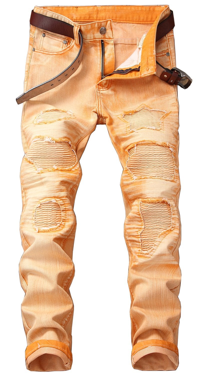 YTD Mens Distressed Ripped Biker Slim Jeans Stretched Moto Denim Pants (W28(Tag 30), Orange) - Image 1
