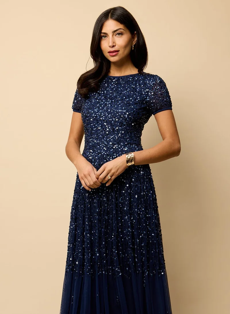 Little Mistress Mesh Embellished Short Sleeve Maxi Dress