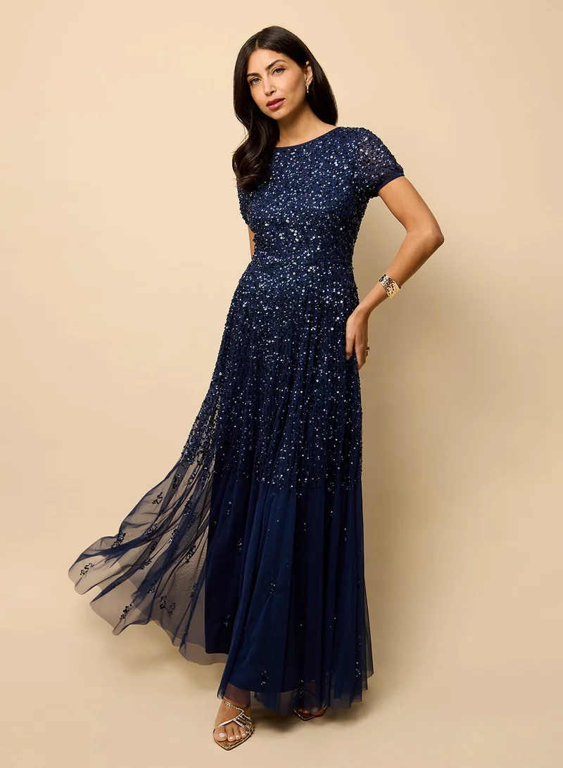 Mesh Embellished Short Sleeve Maxi Dress