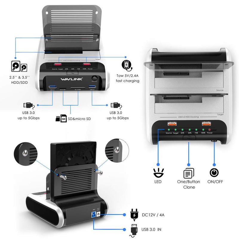 WAVLINK USB 3.0 to SATA Dual Bay Hard Drive Docking Station with Offline Clone Function for 2.5"/3.5" SATA HDD SSD, Support Fast Charger and TF & SD Card (2X 10TB) - Image 3