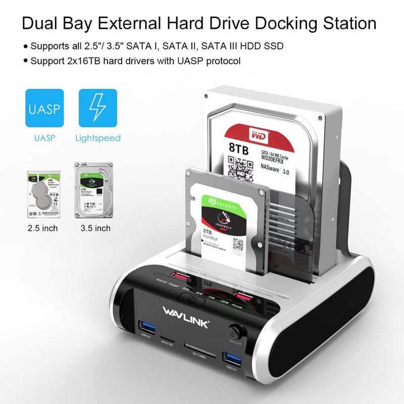WAVLINK USB 3.0 to SATA Dual Bay Hard Drive Docking Station with Offline Clone Function for 2.5"/3.5" SATA HDD SSD, Support Fast Charger and TF & SD Card (2X 10TB) - Image 4