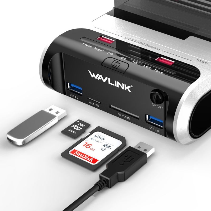 WAVLINK USB 3.0 to SATA Dual Bay Hard Drive Docking Station with Offline Clone Function for 2.5"/3.5" SATA HDD SSD, Support Fast Charger and TF & SD Card (2X 10TB) - Image 2