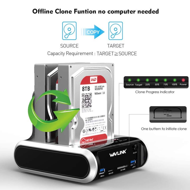 WAVLINK USB 3.0 to SATA Dual Bay Hard Drive Docking Station with Offline Clone Function for 2.5"/3.5" SATA HDD SSD, Support Fast Charger and TF & SD Card (2X 10TB) - Image 5