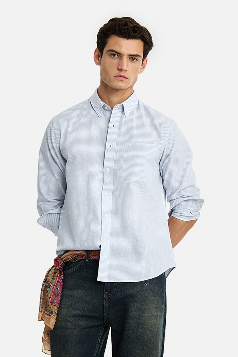 SNITCH Light Blue Striped Long Sleeve Regular Fit Casual Shirt