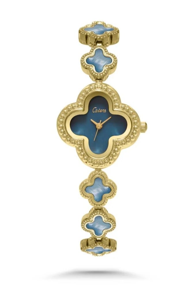 Catera Women's watch with rose frame, gold-tone steel strap, and navy blue dial