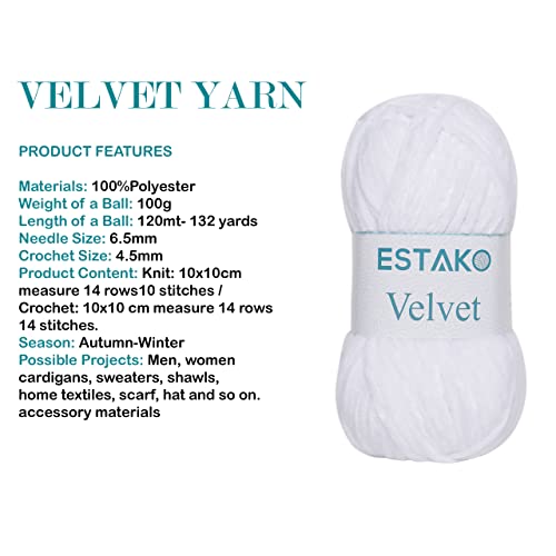 Estako Velvet Chenille Blanket amigurumi Yarn for Crocheting and Knitting Super Bulky 100 gr (132 yds) (1110 - White) - Image 2