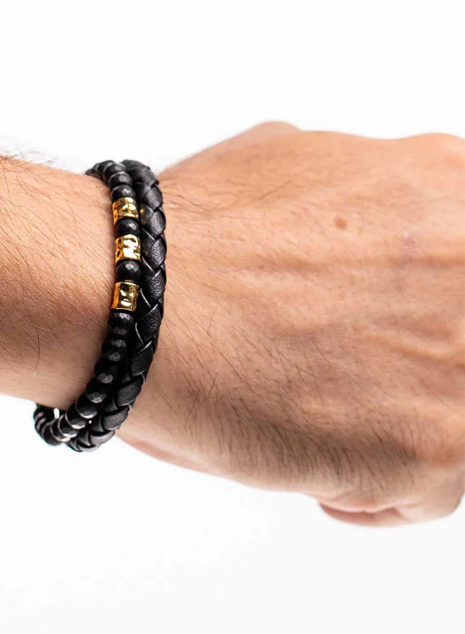Chrysostomos  Handmade Leather Bracelet for Men with Black Strap, Black Onyx and Golden Elements for Men | Best Price UAE
