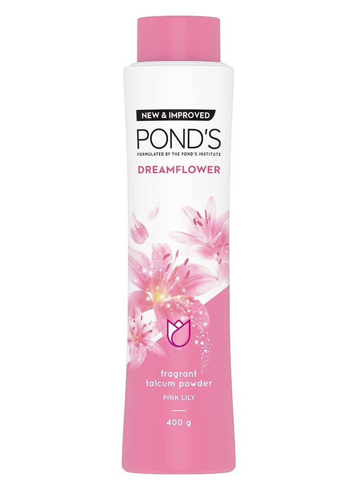 Pond's Dreamflower, Pink Lily Fragrant Talcum Powder, 400g, for Long-lasting Fragrance, with Vitamin B3, Glowing Skin  - Image 1