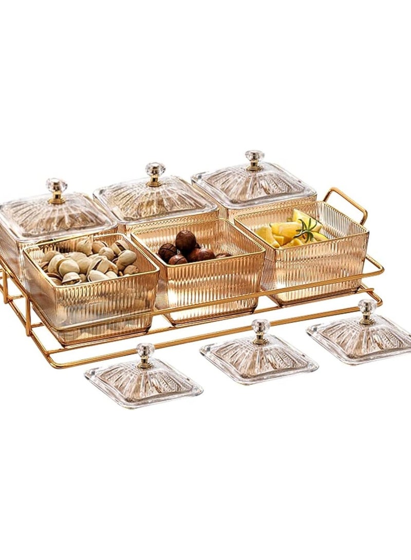 Snack Serving Tray with Lid, Divided Serving Dishes 6 Clear Candy Nut Serving Container Set with Metal Rack, Plastic Food Display Bowls Dried Fruit Storage Organizer Plate for Candy Fruit Dips Dessert  - Image 1