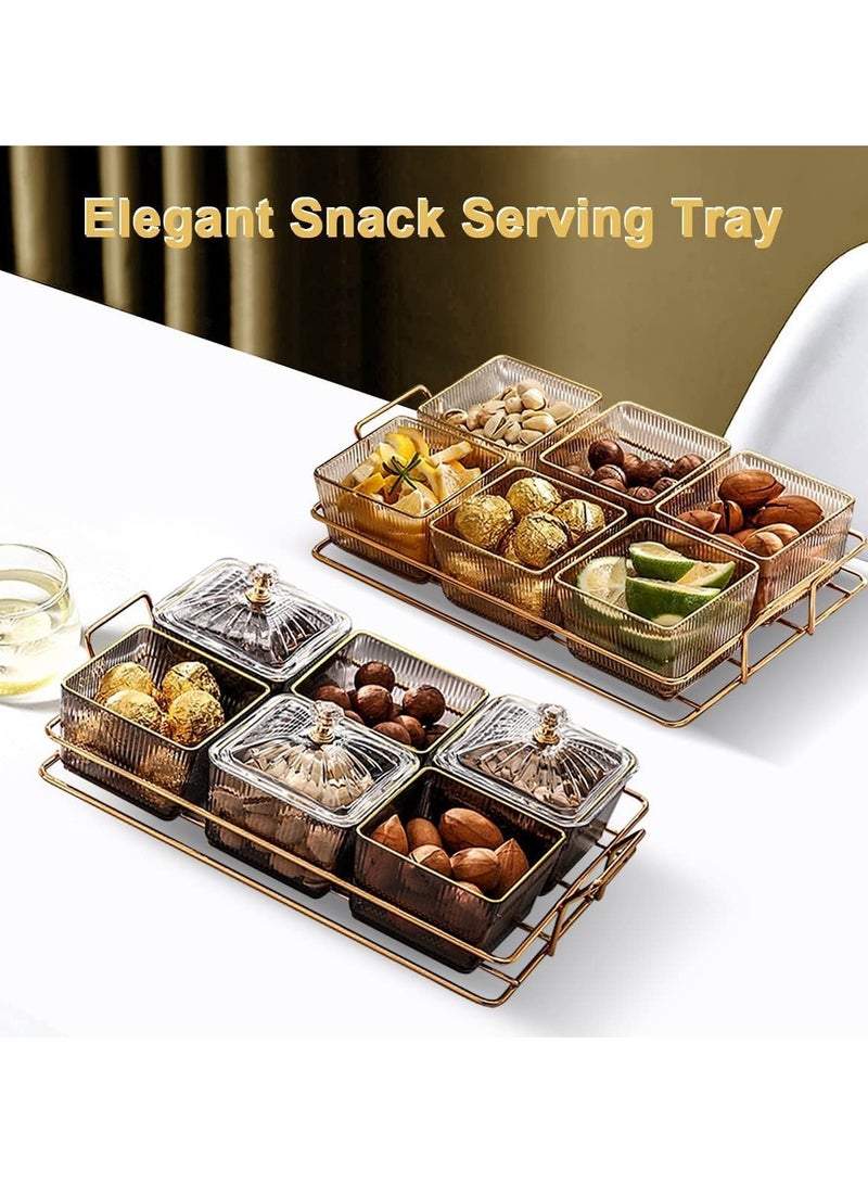 Snack Serving Tray with Lid, Divided Serving Dishes 6 Clear Candy Nut Serving Container Set with Metal Rack, Plastic Food Display Bowls Dried Fruit Storage Organizer Plate for Candy Fruit Dips Dessert  - Image 2