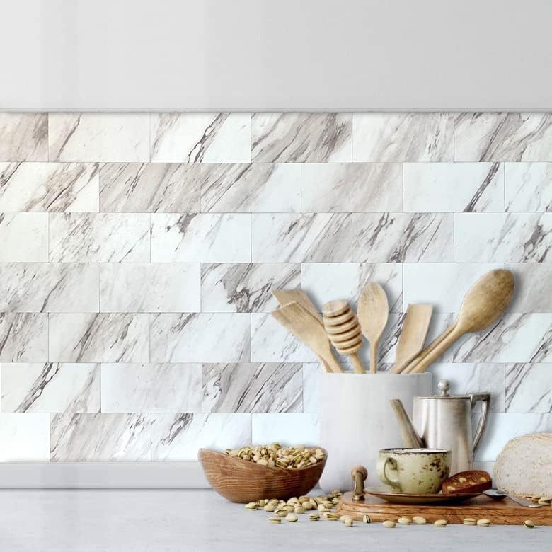 AULIGET 100 Piece Peel and Stick Backsplash PVC Tile, 3" x 6" White Marble Stick on Tiles for Backsplash Kitchen, Bathroom, Laundry Room, Camper, Fireplace - Image 3