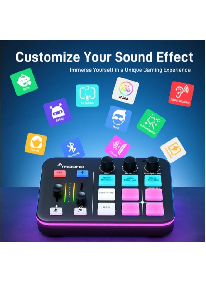Maono G1-NEO-BLACK Audio Mixer for Game Streamer, Noise Reduction, Direct Monitoring Control, RGB, Bluetooth, 48V Phantom Power for Live Streaming, Podcasting, Content Creation  - Image 3