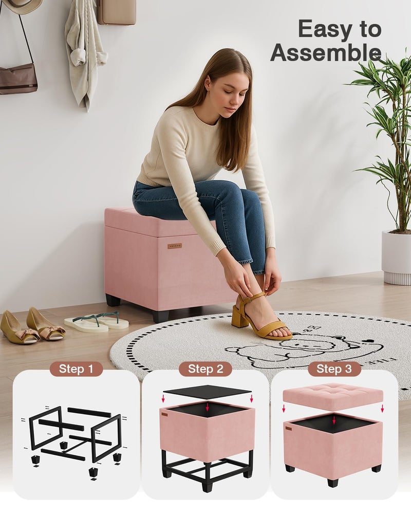 ABHENG 17.7 inches Velvet turfed Ottomans Cube with Legs, Metal-Framed Square Storage Ottoman Foot Rest Stool Holds 770 LB for Dorm Living Room Bedroom Pink UASND64P - Image 2