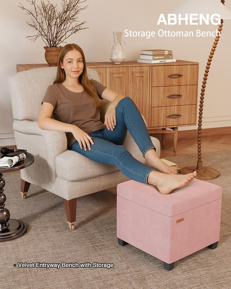 ABHENG 17.7 inches Velvet turfed Ottomans Cube with Legs, Metal-Framed Square Storage Ottoman Foot Rest Stool Holds 770 LB for Dorm Living Room Bedroom Pink UASND64P - Image 4