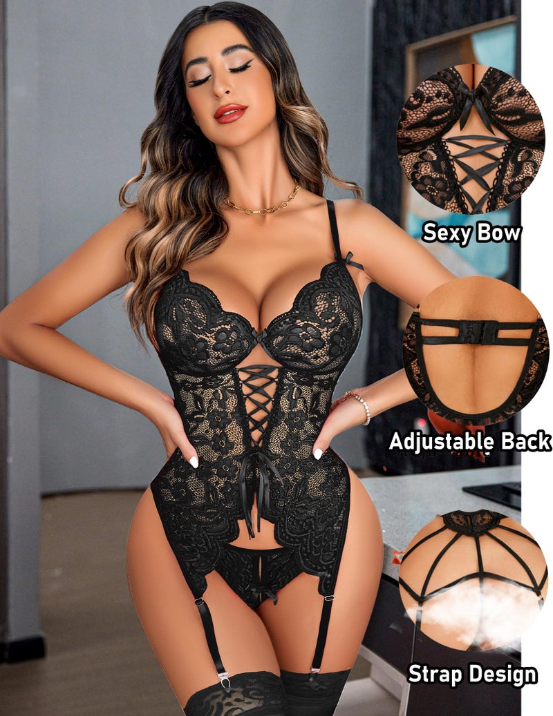 Avidlove Women Lingerie Set with Garter Belts Lace Bodysuit Teddy V Neck Babydoll (Black L) - Image 4