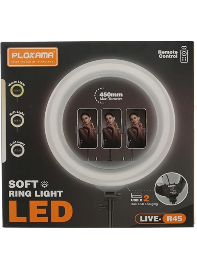 PLOKAMA R45 LED Soft Ring Light with Tripod Stand & Phone Holder – 18-Inch Dimmable Circle Light for Makeup, Live Streaming, Photography, YouTube, TikTok - Image 5