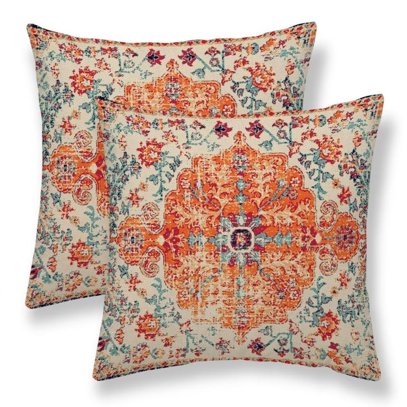 Sunshineyan Boho Throw Pillow Covers 16 x 16 Set of 2  Orange Blue Carpet Pattern Pillow Covers Ethnic Design Rustic Farmhouse Cushion Cases Linen Decorative Gifts for Couch Sofa Indoor Outdoor - Image 1