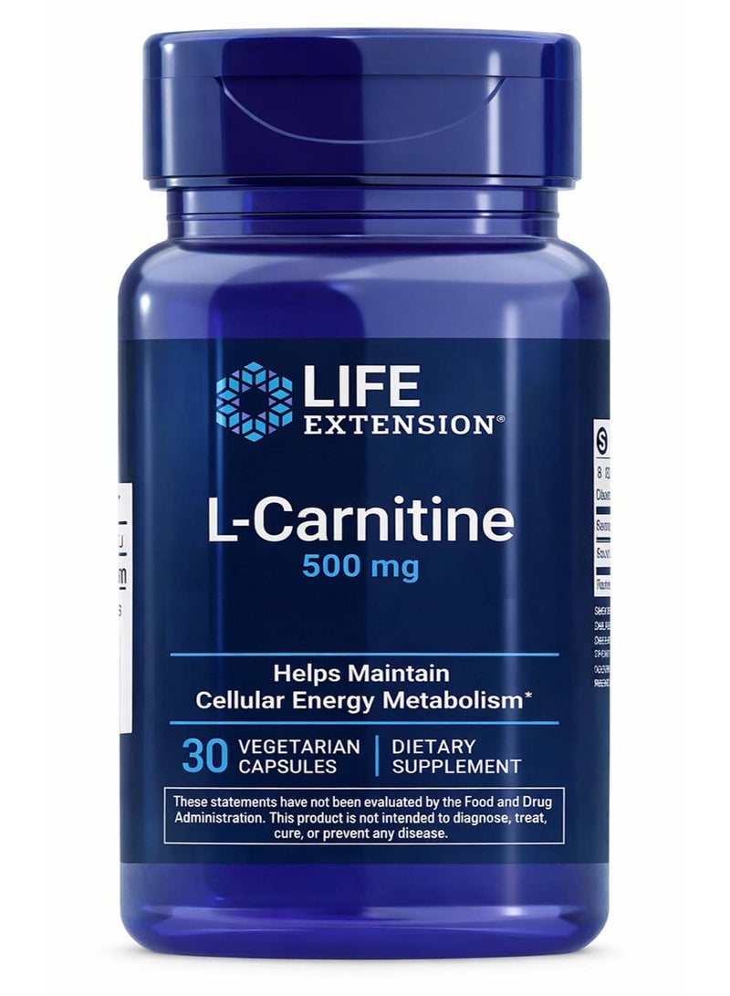 Life Extension L-Carnitine 500 mg, 30 Vegetarian Capsules - Image 1