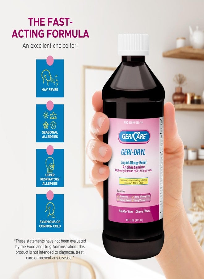 GeriCare Geri-Dryl Diphenhydramine HCI Solution - Antihistamine Liquid Multi-Symptom Allergy Relief Formula - Relieves Sneezing Runny Nose, Watery, Itchy Eyes & Throat, 16 FL OZ (Pack of 1), Red - Image 4