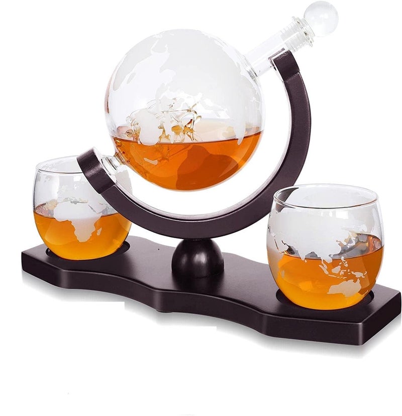 Riderev Whiskey Decanter Set - Globe Decanter Set with 2 Etched Globe Glasses for Liquor, Whiskey, Bourbon, Brandy, Gin, Rum, Tequila and Vodka, Birthday Gifts for Him Men Husband Boss - Image 1