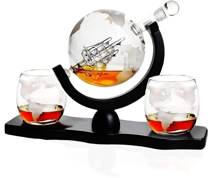 Riderev Whiskey Decanter Set - Globe Decanter Set with 2 Etched Globe Glasses for Liquor, Whiskey, Bourbon, Brandy, Gin, Rum, Tequila and Vodka, Birthday Gifts for Him Men Husband Boss - Image 3