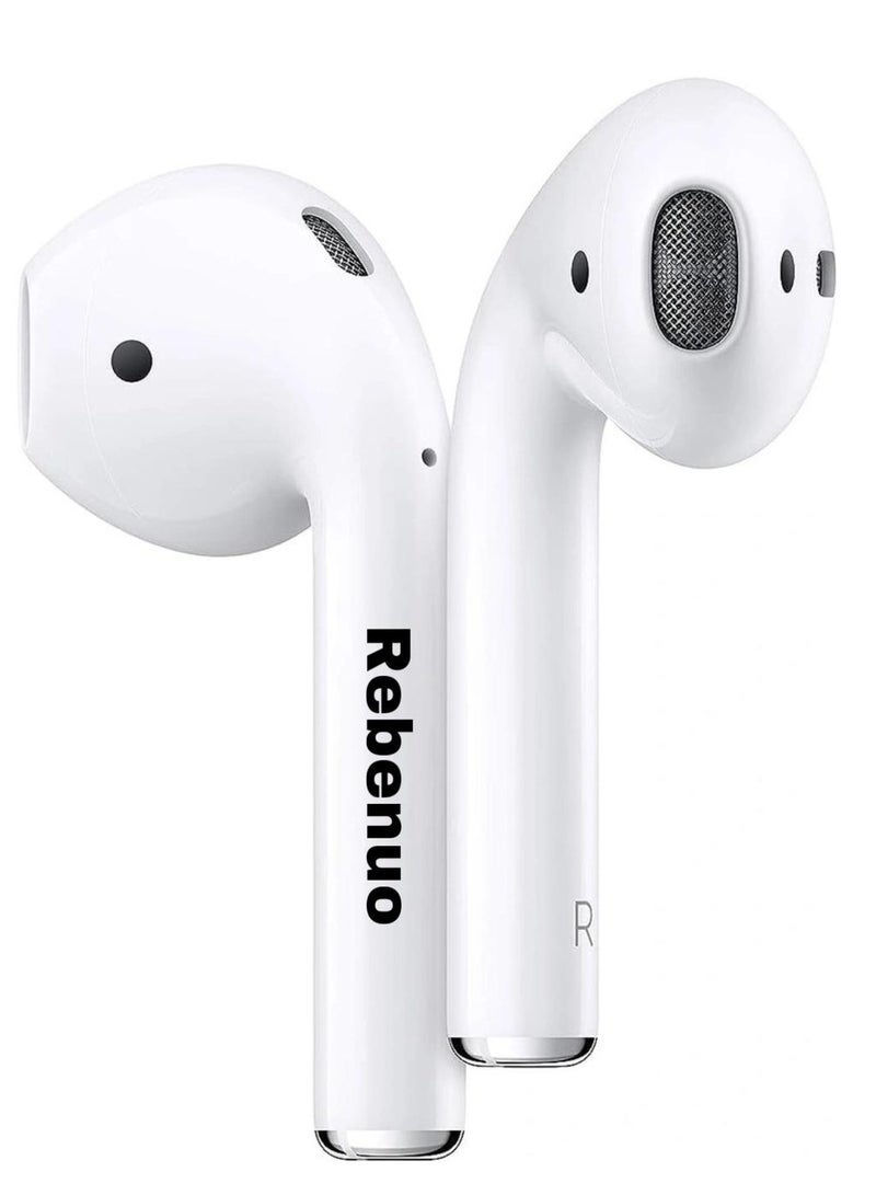 REBENUO True Wireless Bluetooth Earpods Headset with Wireless Charging (White, Version 5.0) - 80 Hours Standby, 400mAh Charging Box - Image 1