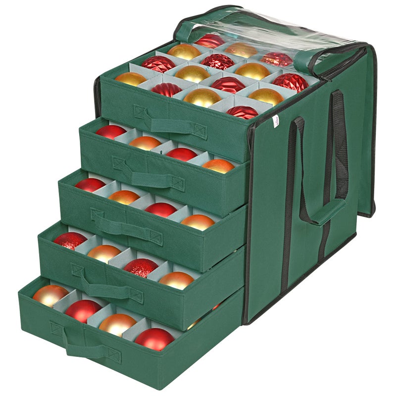 ProPik Christmas Ornament Storage Boxes with Dividers 5 Separate Trays Ornament Holder Keeps 100 Holiday Ornaments Durable Carrying Bag Handles Organizer Storage Box Green