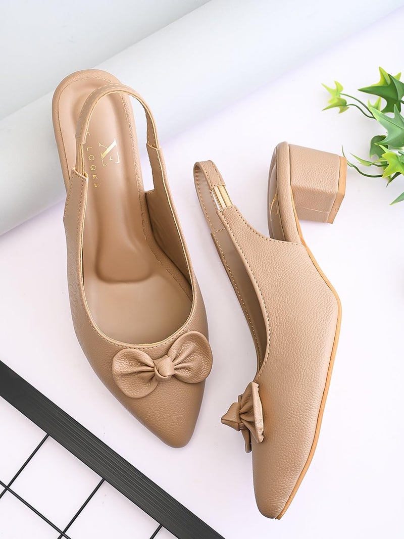 XE Looks Beige Slingback Heels | Pointed-Toe Design | Stylish Comfortable Cushioned Footbed Heels For Girl & Women - Image 2