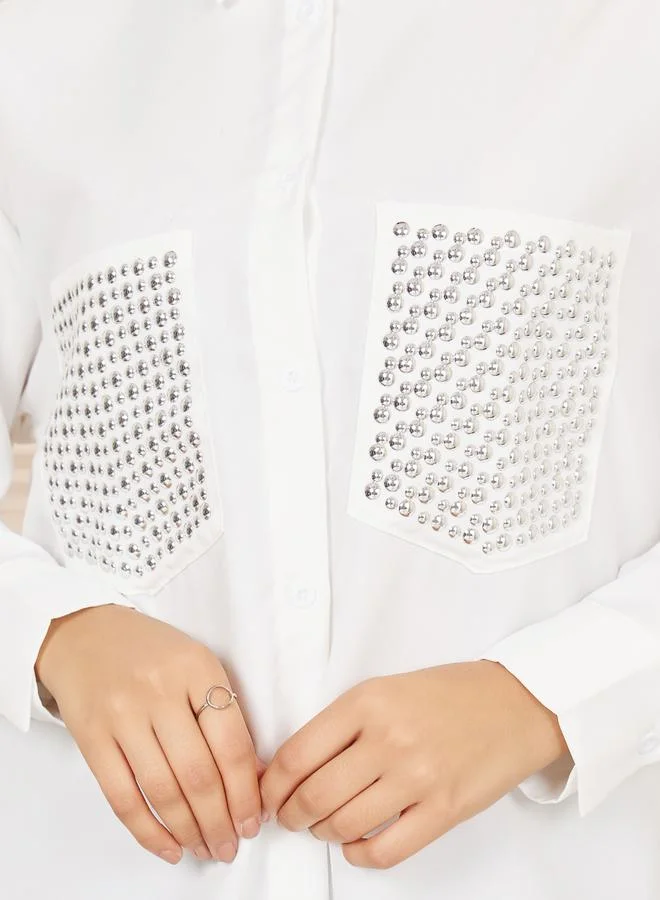 Styli Oversized Embellished Pocket Detail Shirt