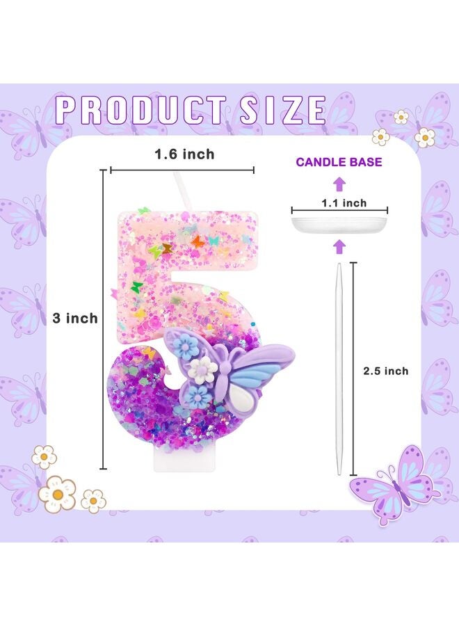 LAMAY Birthday Number Candles, Pink and Purple Butterfly Birthday Candles for Cake, Glitter Number 5 Candle Cake Topper Decoration for Boys Girls Party Supplies (Number 5) - Image 2