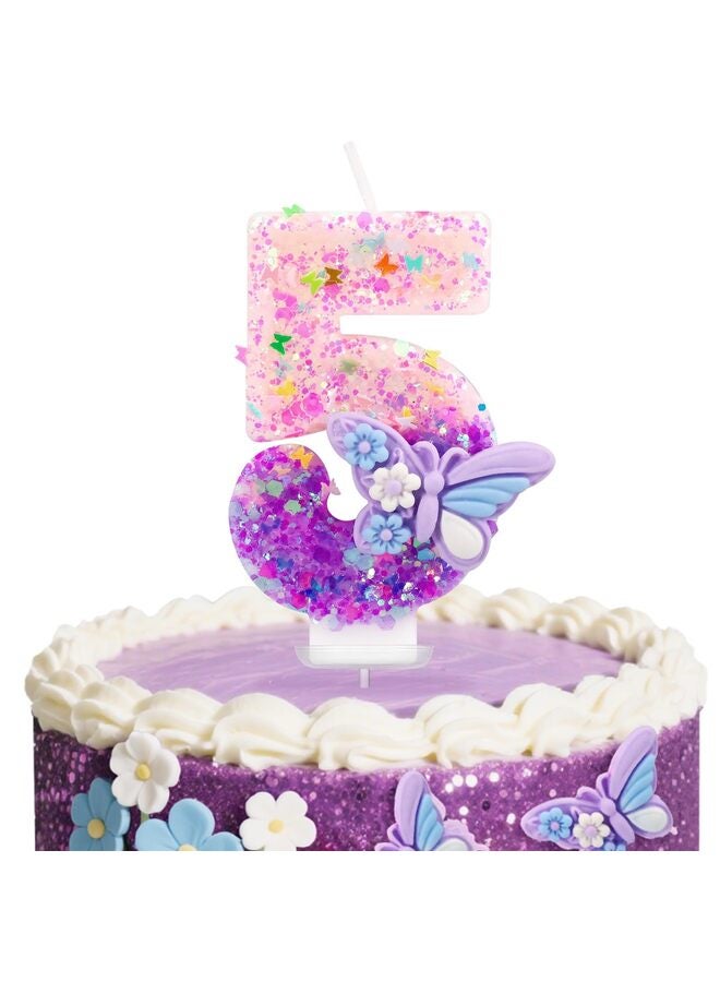 LAMAY Birthday Number Candles, Pink and Purple Butterfly Birthday Candles for Cake, Glitter Number 5 Candle Cake Topper Decoration for Boys Girls Party Supplies (Number 5) - Image 1