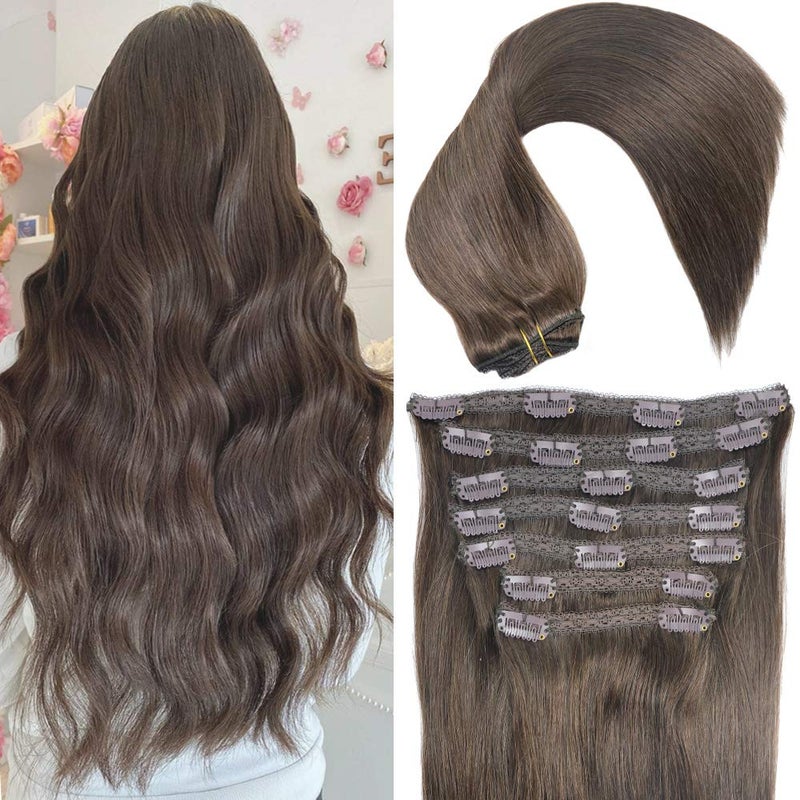 Eufficco Real Human Hair Lace Clip In Hair Extensions Thick Ends 20inch 120g Color Dark Brown Remy Hair Extensions Silky Soft Straight Double Wefted Lace Backed Clip Ins