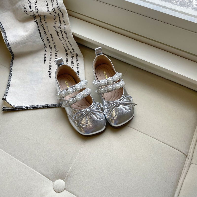 2025 Summer New Girls Leather Mary Jane Shoes with Bow and Pearl - Princess Style for Kids