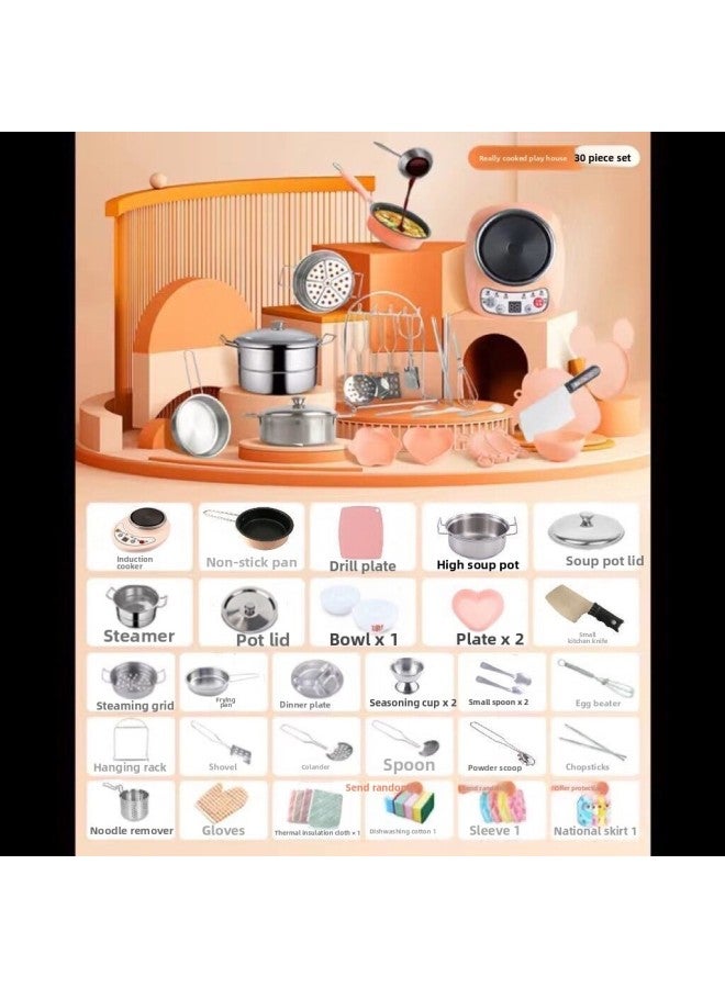 Mini Kitchen Real Cooking Simulation Small Kitchen Utensils Children Play House Cooking Stainless Steel Kitchen Toy Set-Color:【Star Kitchen Edition】 30-piece Set (Upgrade Induction Cooker) - Image 1