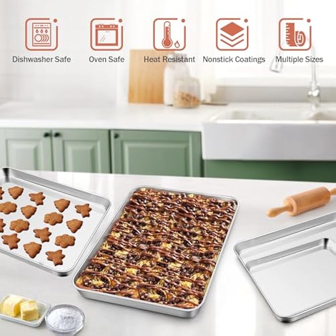 ريحني صينية خبز مجموعة من 4 قوالب بسكويت من الفولاذ المقاوم للصدأ بحجم 4 40312623 سم مضبوطة لمستطيل الفرن صينية خبز بعمق 25 سم للتحميص غير سامة سهلة التنظيف آمنة في غسالة الصحون - Image 5