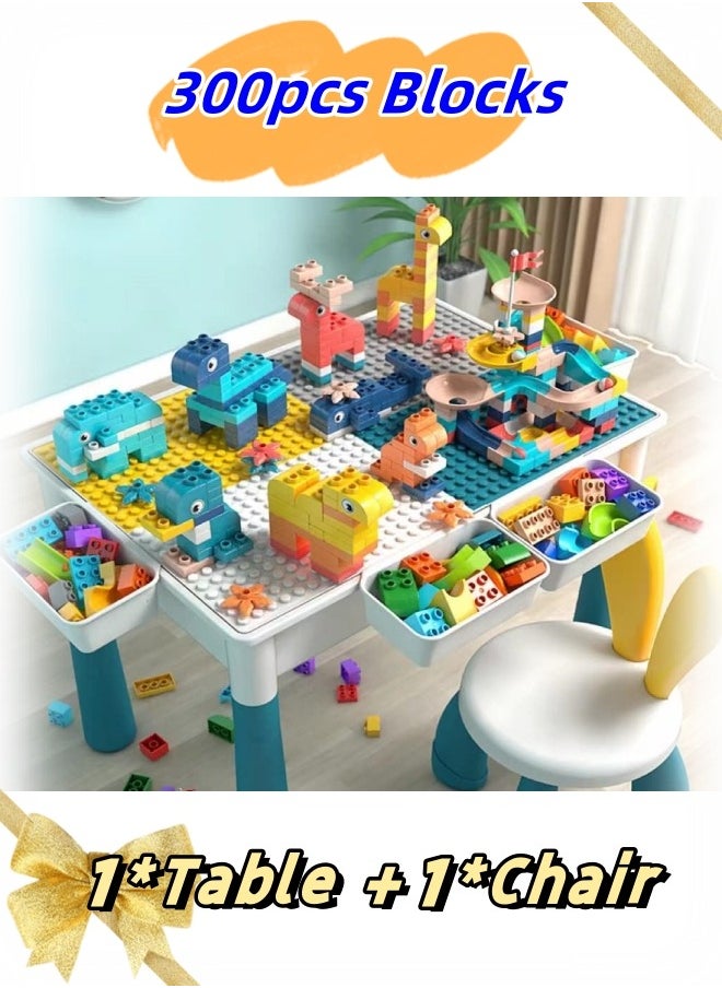 Kids Multi-Functional Educational Block Table and 1 Chair Set (Include 300pcs building blocks) -  Kids Multi Activity Building Block Table Toy with 4 Storage Boxes, Kids Study Table and Chair