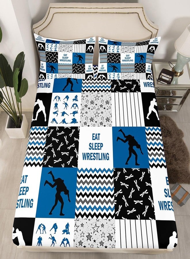 Castle Fairy Wrestling Bed Sheet Queen Size,Wrestler Men Boys Sport Bedding Set for Kids Teens Adult Room Decor,Navy White Black Patchwork Plaid Fitted Sheet Striped Stars Grid Top Flat Sheet,2 Pillowcases - Image 4