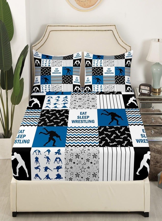 Castle Fairy Wrestling Bed Sheet Queen Size,Wrestler Men Boys Sport Bedding Set for Kids Teens Adult Room Decor,Navy White Black Patchwork Plaid Fitted Sheet Striped Stars Grid Top Flat Sheet,2 Pillowcases - Image 3