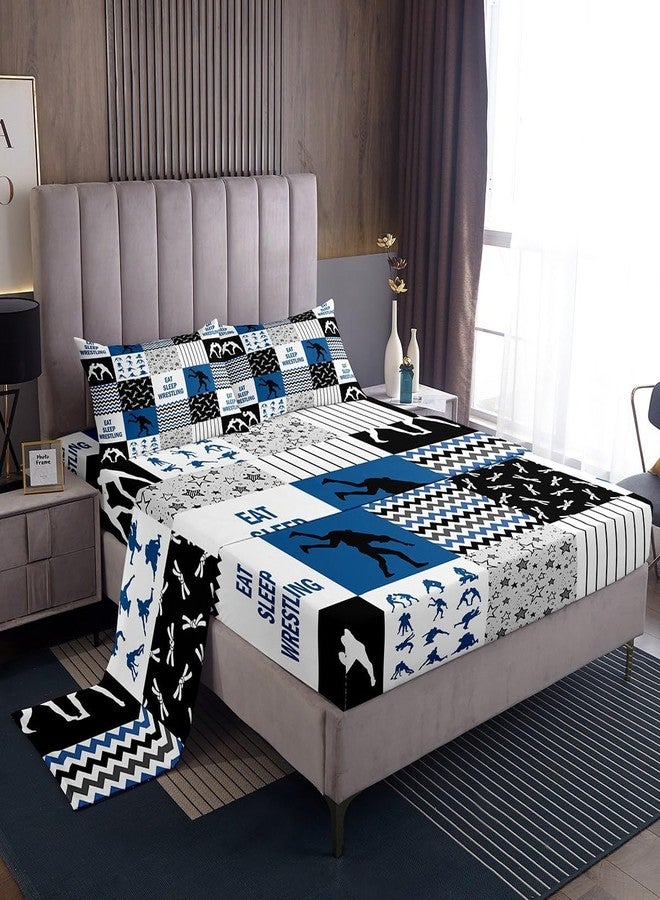 Castle Fairy Wrestling Bed Sheet Queen Size,Wrestler Men Boys Sport Bedding Set for Kids Teens Adult Room Decor,Navy White Black Patchwork Plaid Fitted Sheet Striped Stars Grid Top Flat Sheet,2 Pillowcases - Image 1