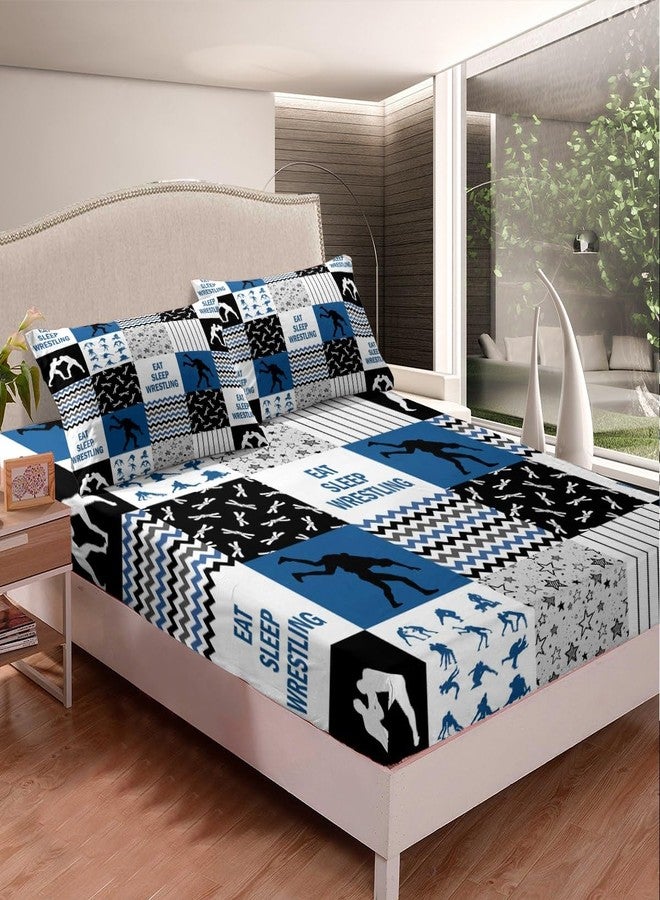 Castle Fairy Wrestling Bed Sheet Queen Size,Wrestler Men Boys Sport Bedding Set for Kids Teens Adult Room Decor,Navy White Black Patchwork Plaid Fitted Sheet Striped Stars Grid Top Flat Sheet,2 Pillowcases - Image 2