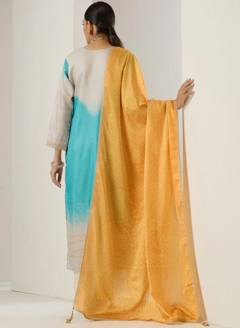 ISHIN Women's Blue Polyester Blend Printed Tunic Full Length Casual Straight Fit Kurta Set
